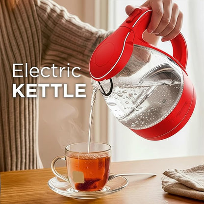 OVENTE Electric Kettle, 1.5L Borosilicate Glass Countertop Water Heater and Boiler for Coffee or Tea, BPA-Free, Auto Shut-Off, Boil-Dry Protection, Removable and Washable Spout Filter, Red KG83R