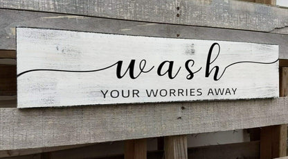 Farmhouse Bathroom Sign, Wash Your Worries Away, Rustic Wooden Bathroom Wall Art Decor, Inspirational Signs Bath Wall Hanging Art Home Decor (Wash) 4x16 Inch