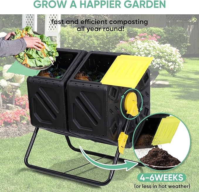 HomGarden Large Dual Chamber Compost Tumbler Heavy-Duty Outdoor Bin Composter with 2 Sliding Doors Easy-Turn, All-Season 37 Gallon High Volume Composter Black