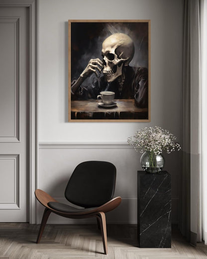 Skull Drinking Coffee Poster Art Print, Halloween Scary Vintage Wall Art Academia Spooky Painting Decoration for Horror Prints, Gothic Posters Bedroom Decor 89 (Skull Drinking Coffee, 16 x 20 inches, Wood Frame)