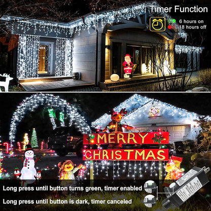 99ft 1216LED Icicle Lights for Outside, White Christmas Lights for House Patio Yard Porch Backyard Holiday Garden Xmas Exterior Decoration, Waterproof Twinkle Cluster Light Hanging Light All Year