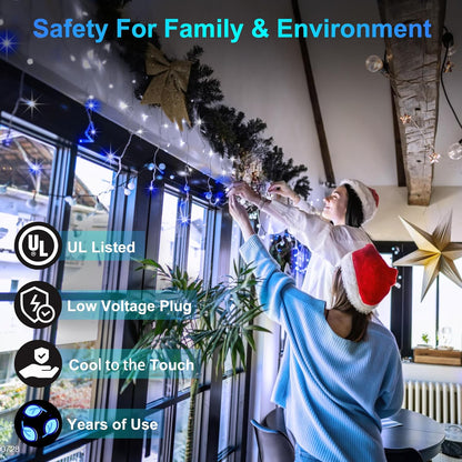612 LED 60FT Christmas Lights with 136 Drops, 12 Modes Dimmable CoolWhite & Blue Outdoor Hanging Lights with Timer Memory, Waterproof Curtain Lights for Bedroom Yard Indoor Window Roof Fence Wedding