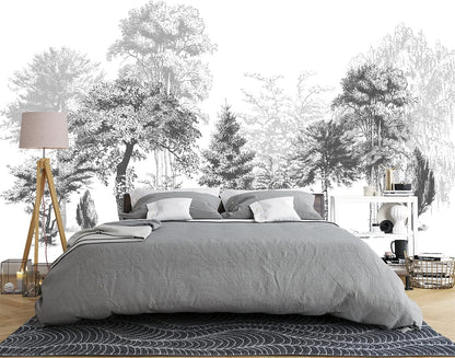 Black and White Oil Painting Forest Wall Mural Wallpaper for Bedroom 178" x 117"