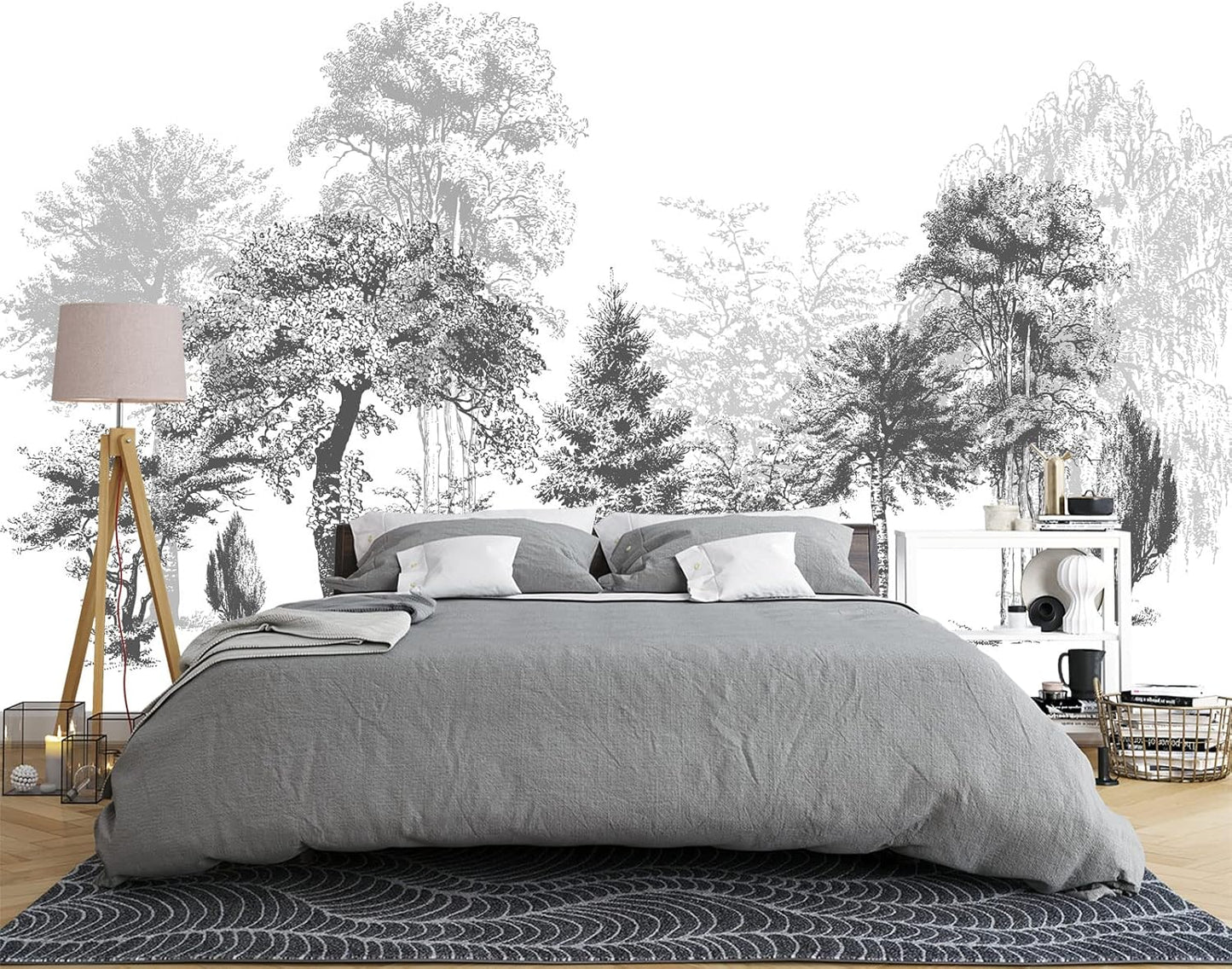Black and White Oil Painting Forest Wall Mural Wallpaper for Bedroom 137" x 100"