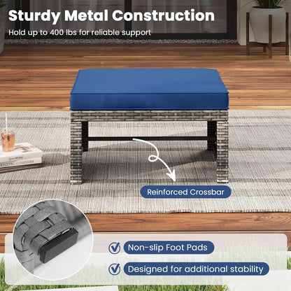 Tangkula 2 Pieces Patio PE Rattan Ottomans, Multipurpose Outdoor Footstool Footrest Additional Seating Side Table with Soft Zippered Cushions for Deck, Garden, and Yard (Navy Blue)
