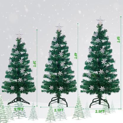 Juegoal 3 ft Pre-Lit Green Artificial Christmas Tree, Lighted Optical Fiber Table Mini Xmas Trees with Color Changing Lights, Snowflakes & Top Star, Fake Multicolored Tree for Festive Party Holiday