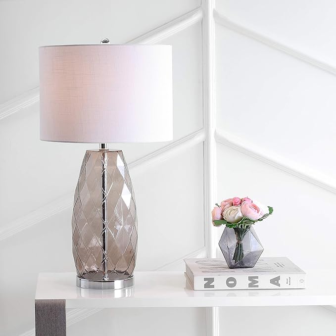 JONATHAN Y 26.5" Smoked Gray Glass Table Lamp, Modern Faceted Bedside Lamp, White Linen Drum Shade, Chrome Base, LED Bulb Included for Bedroom, Living Room, Nightstand JYL4009A