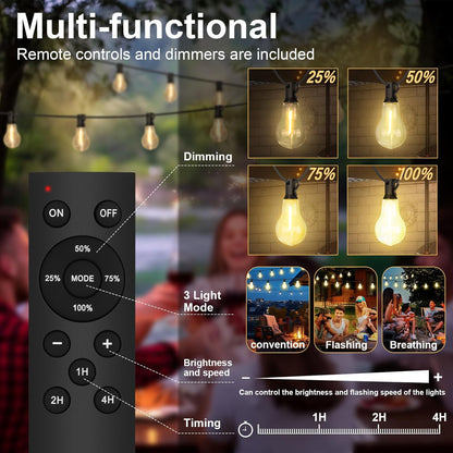 75FT Outdoor String Lights Waterproof with 50+4 Bulbs (1.5FT Bulbs Spacing), Remote & Dimmer, Commercial Patio String Lights with 3 Mode Light & Timing, 100PC Mounting Ties for Outside