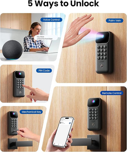 Lockin Veno Go Palm Vein Smart Lock with Built-in Wi-Fi & Matter, Keyless Entry Smart Deadbolt Door Lock, 5 Unlock Methods, ANSI Grade 3 Security, 7-Month Rechargeable Battery, IP53 Waterproof