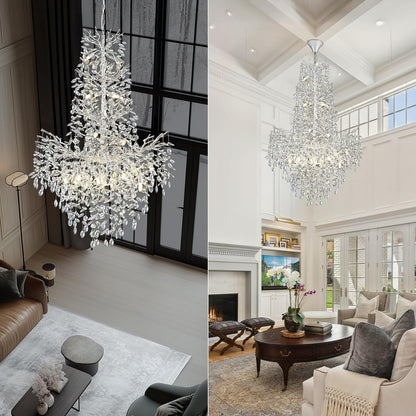 H61'' Modern Silver K9 Crystal High Ceiling Chandeliers, 23-Lights Staircase Chandeliers,Large Crystal Tree Branch Chandelier, D40'' Foyer Chandelier,for Living Room,Entryway