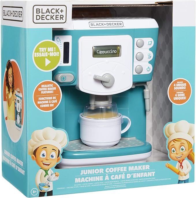 BLACK+DECKER Junior Coffee Maker Role Play Pretend Kitchen Appliance for Kids with Realistic Action, Light and Sound - Plus Toy Coffee Mug for Imaginary Brewing Fun