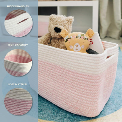 OrganiHaus Woven Storage Baskets for Organizing, Cotton Rope Organizer Bins for Shelves, Closet & Nursery, Dog Toy Basket, Decorative Bins for Toys, Towels & Books - 15x10x9, Pink/Off-White