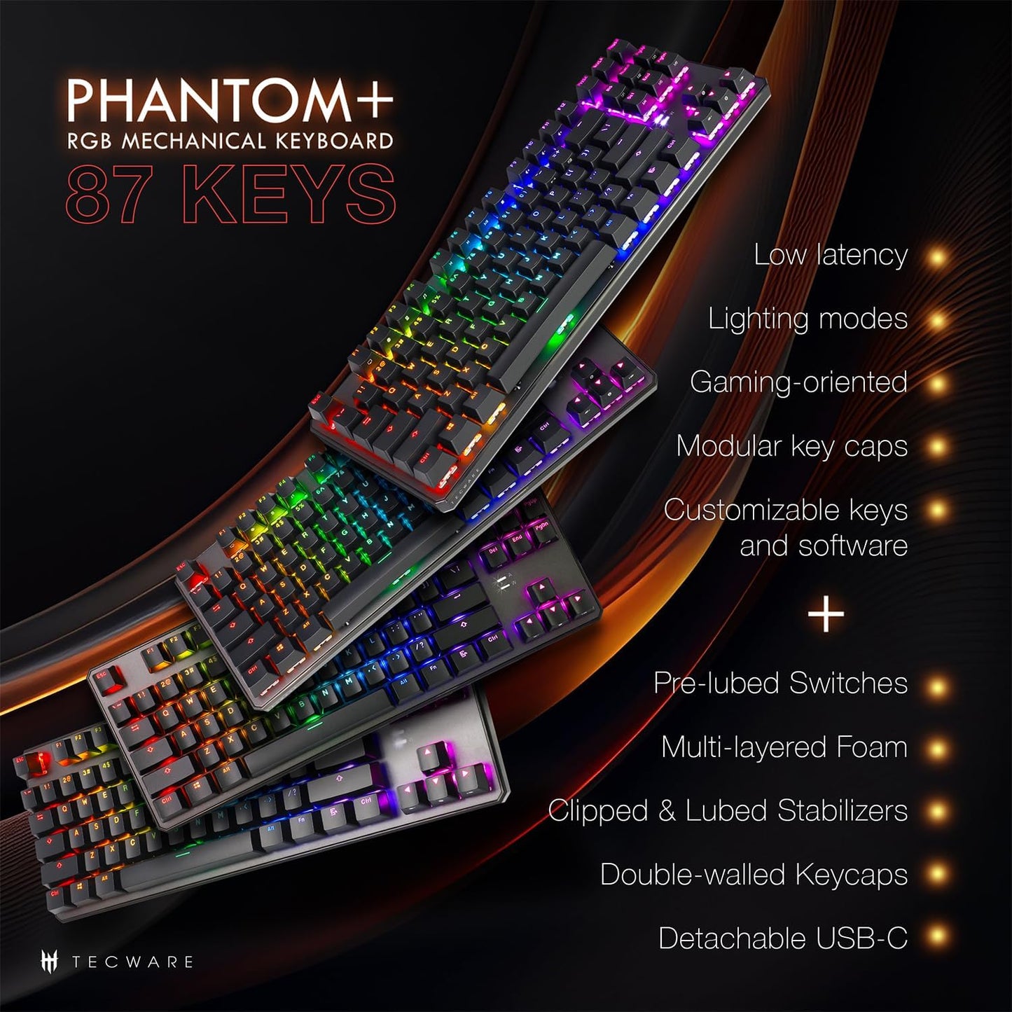 TECWARE Phantom+ 87 Key Mechanical Gaming Keyboard, RGB led, TKL 75% Keyboard, Thocky Sounding, Wraith Orange Switch
