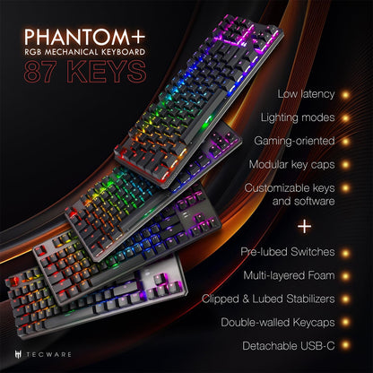 TECWARE Phantom+ 87 Key Mechanical Gaming Keyboard, RGB led, TKL 75% Keyboard, Thocky Sounding, Wraith Orange Switch