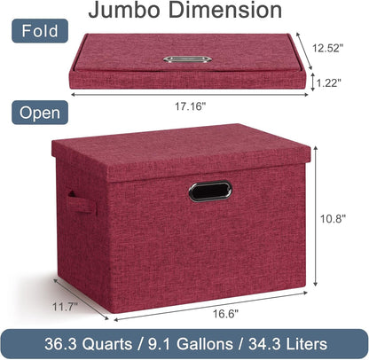 Large 17" 36 Quart Collapsible Stackable Storage Bins with Lids, 3 Packs Bright Red Linen Fabric Closet Boxes with Lids, Storage Cube Baskets Container Organizers for Office (17x12x11)
