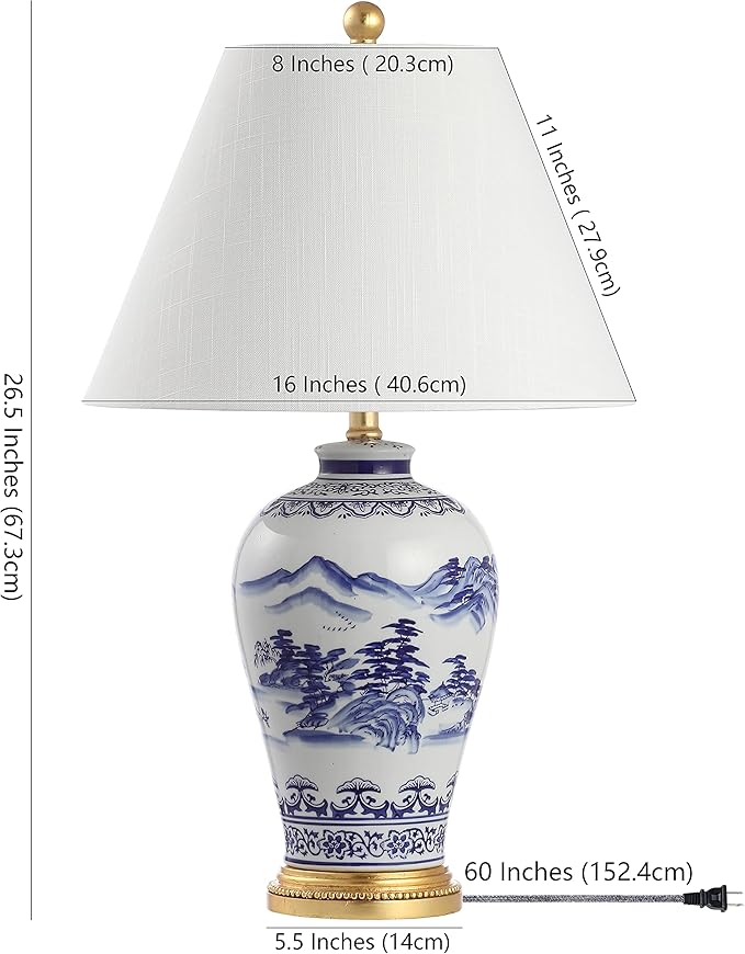 JONATHAN Y 26.5" Blue and White Ceramic Ginger Jar Table Lamp, Traditional Chinoiseries Landscape for Bedroom Living Room, White Linen Empire Shade, LED Bulb Included JYL6610A