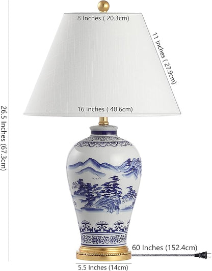 JONATHAN Y 26.5" Blue and White Ceramic Ginger Jar Table Lamp, Traditional Chinoiseries Landscape for Bedroom Living Room, White Linen Empire Shade, LED Bulb Included JYL6610A