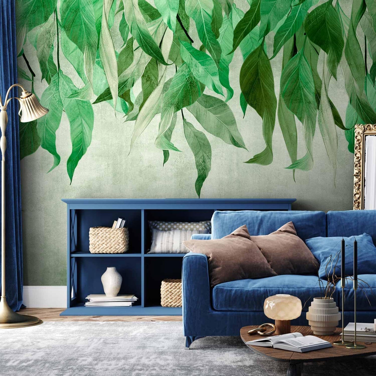 artgeist Wall Mural Hanging Leaves 193x138 in - Peel and Stick Self-Adhesive Wallpaper Removable Large Sticker Foil Wall Decor Print Picture Image Design Nature Botanical Concrete Green b-C-10146-a-a