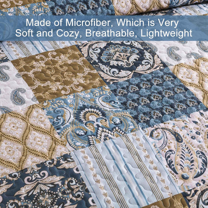 WONGS BEDDING Boho Quilt Set Queen Size, Blue Patchwork Plaid Bedspread Bedding Sets Paisley Soft Microfiber Quilts for Queen Bed 3 Pieces Coverlet Set for All Season (96"x90")