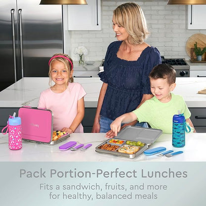 Bentgo Kids Stainless Steel Leak-Resistant Lunch Box - 3-Compartments with Bonus Silicone Container, Durable, Eco-Friendly, Dishwasher Safe, BPA-Free, Ideal for School, Ages 3+ (Silver)