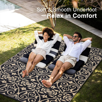 OLANLY Outdoor Rug Waterproof 9x12 ft Clearance, Reversible Outdoor Plastic Straw Rug with Floral Pattern, RV Mat for Patio, Camping, Balcony, Deck, Backyard, Black & Beige