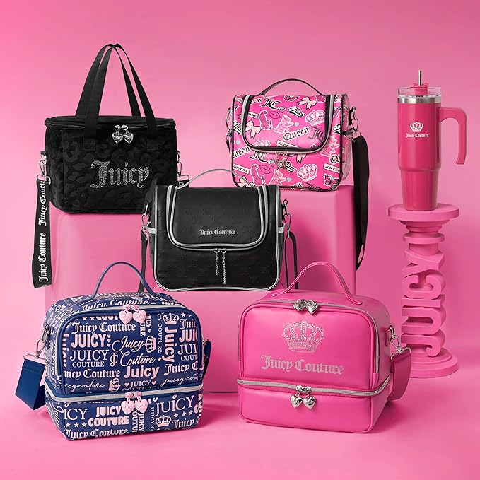 Juicy Couture Insulated Lunch Bag – Stylish Cooler Tote with Adjustable Crossbody Strap, Hot Pink Printed Stickers – Women's Lunch Box Bag for Work, School, Travel