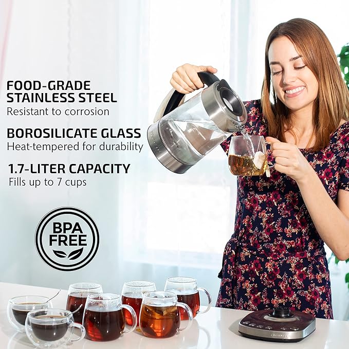 OVENTE 1.7L Electric Tea Kettle with Removable Infuser, Variable Temperature Control, Keep Warm Function, 1500W Fast Heating Water Boiler, BPA Free Borosilicate Glass & Easy to Fill Lid, Silver KG733S