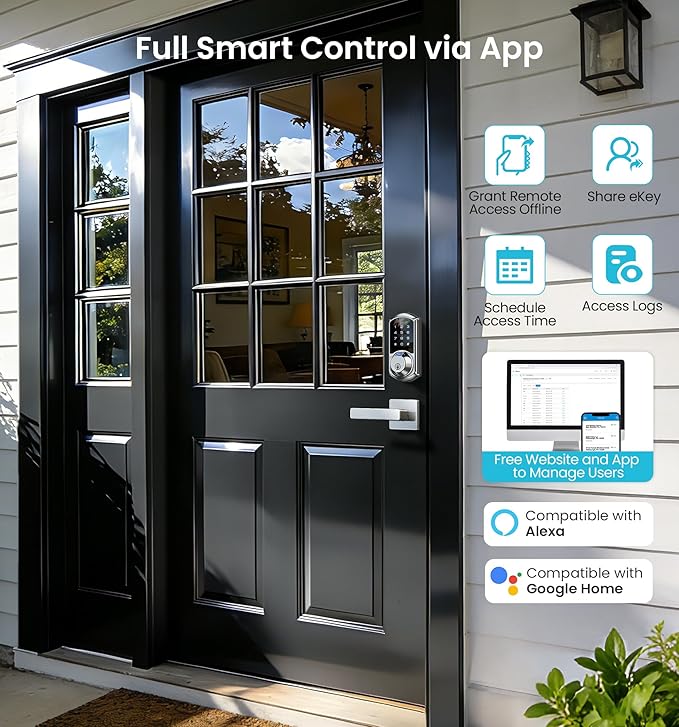 Veise VE07-L Fingerprint App Control Smart Locks with Heavy-Duty Zinc Alloy Handles, Keyless Entry for Front Door, Digital Electronic Touchscreen, Auto Lock, Waterproof, Easy Install, Satin Nickel