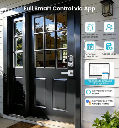 Veise VE07-L Fingerprint App Control Smart Locks with Heavy-Duty Zinc Alloy Handles, Keyless Entry for Front Door, Digital Electronic Touchscreen, Auto Lock, Waterproof, Easy Install, Satin Nickel