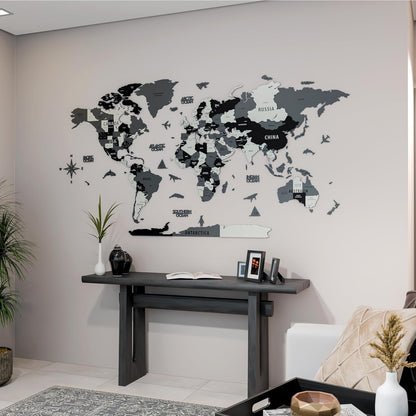 Colorfull Worlds 3D Wooden World Map Wall Art | Unique Wall Decor with Pins for Travel Enthusiasts | Home and Office Wall Décor | Grey | XLarge