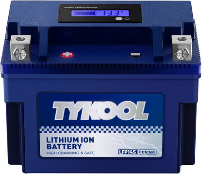 TYKOOL YTZ14S/YTZ12S High Performance Lithium LiFePO4 Motorcycle Battery,12V 6Ah,360CCA, Digital Readout, Built in BMS, Compatible for Large-displacement BMW,Hongda,KTM,Suzuki Motorcycles