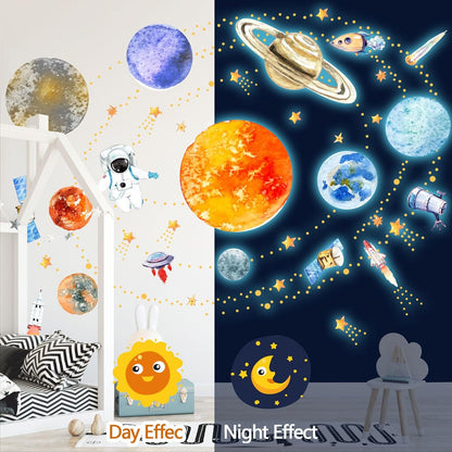 Glow in The Dark Planets and Stars Wall Decals, Luminous Astronaut Galaxy Space Rockets Wall Stickers Space Ceiling Decor for Boys Girls Bedroom Kids Baby Nursery Living Room Decoration