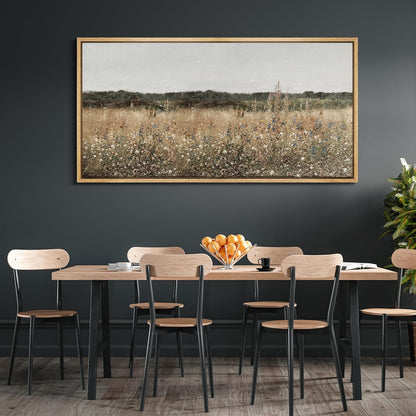MUDECOR Extra Large Framed Canvas Print Wall Art Misty Morning Meadow with Wildflowers Antique Retro Fine Art Illustrations Decorative Colorful for Bedroom - 60"x30"