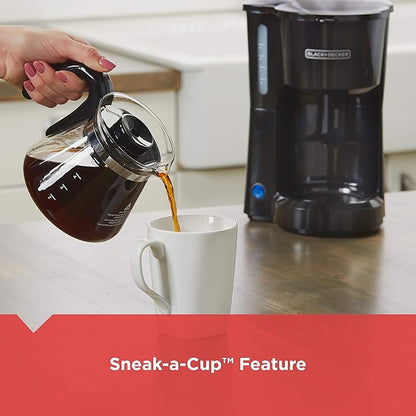 BLACK+DECKER 5-Cup Coffee Maker with On/Off Switch, Sneak-A-Cup Feature, and Easy-View Water Window, Black