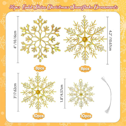 36pcs Gold Shine Christmas Snowflake Ornaments, Plastic Glitter Hanging Snow Flakes for Christmas Tree Decorations Winter Wonderland Frozen Birthday Party Holiday Home Decor