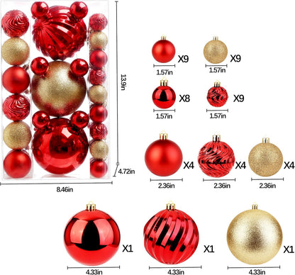 Christmas Ball Ornaments for Xmas Decorations,50 pcs Christmas Extra Large Tree Shatterproof Ornaments-Red&Gold (Combo of 5 Style in 3 Sizes)