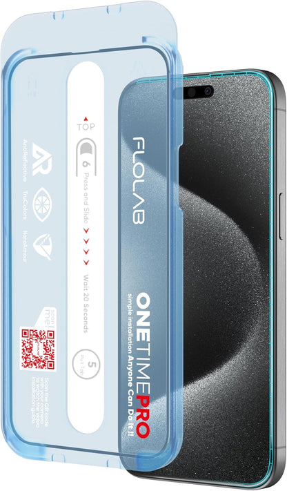 FLOLAB NanoArmour ONETIME PRO for iPhone 15 Screen Protector, Anti-Reflective, Anti-Rainbow, 3D Tempered Glass, Ultra Clear, Edge Reinforced, Easy Install, Dust-Free, Scratch Resistant