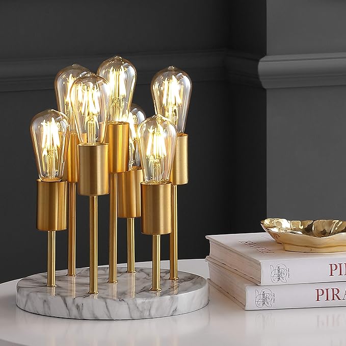 JONATHAN Y 13.5" Brass Gold 7-Light Modern Metal and Resin Accent Lamp, Mid-Century Cluster Table Lamp with Marble Base for Living Room, Bedroom, LED Bulbs Included JYL1060A