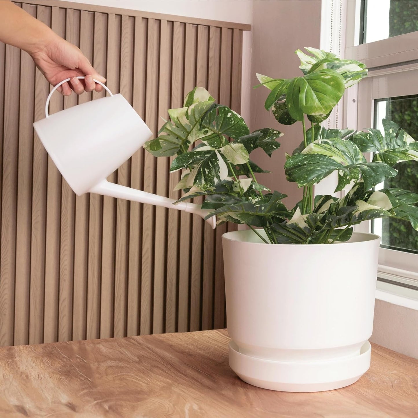 Elly Décor 8 inch Plastic Cylinder Planter Pot with Self-Watering Saucer and Drainage Hole,Lightweight & Extremely Durable, 8"x 8", White