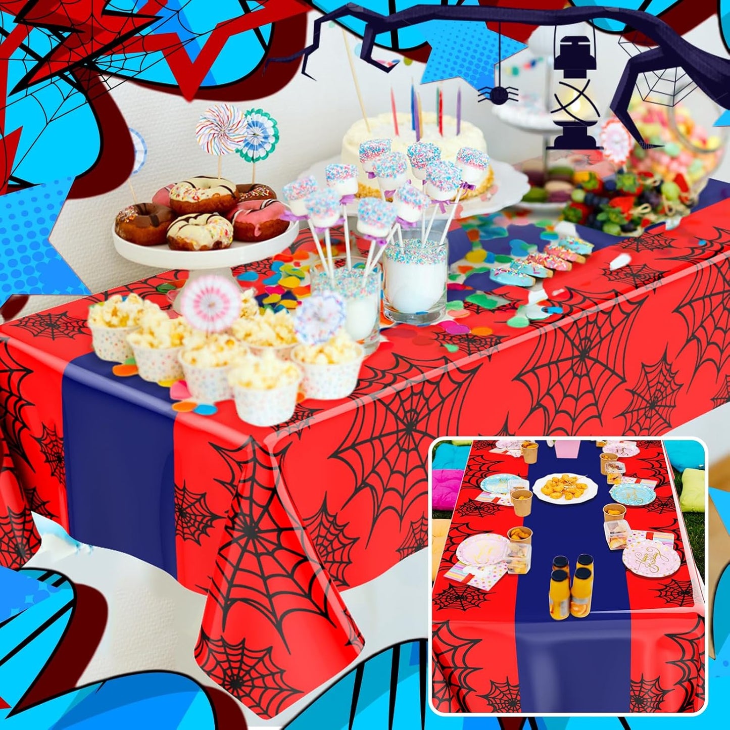 Oudain 3 Pack Spider Theme Birthday Decorations Halloween Purple Black Red Pink Green Web Ghost Bat Tablecloth Cartoon Table Cover Party Favor for Birthday (Black,Red,Spider)