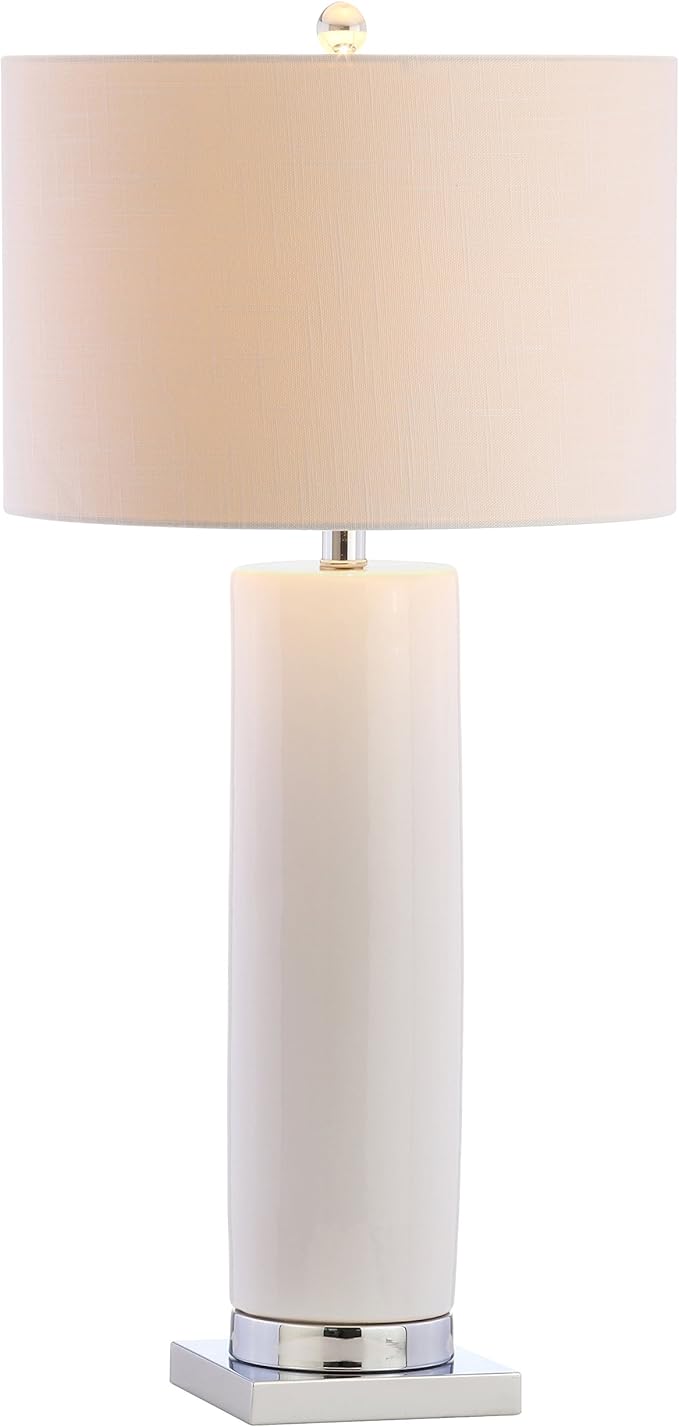 JONATHAN Y 31.5" White Ceramic Table Lamp with Chrome Base for Living Room, White Linen Drum Shade, Modern Bedside Lamp for Bedroom Office Nightstand, LED Bulb Included JYL8021A