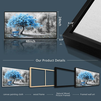 ZUITINGHUA Large Black Framed Wall Decor For Living Room Canvas Wall Art For Office Modern Wall Decorations For Bedroom Blue Tree Landscape Paintings Black And White Pictures Home Decor 24x48 In