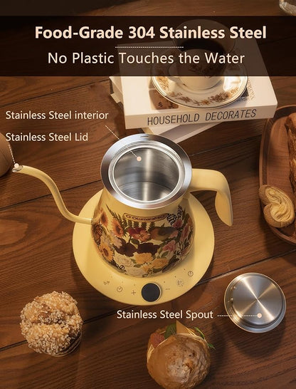 0.8L/27oz Gooseneck Electric Kettle - ±1℉ Precise Temperature Control for Pour Over Coffee & Tea, 1200W Fast Heating, Auto Shut-Off, Built-in Brew Timer, BPA-Free Stainless Steel, Floral