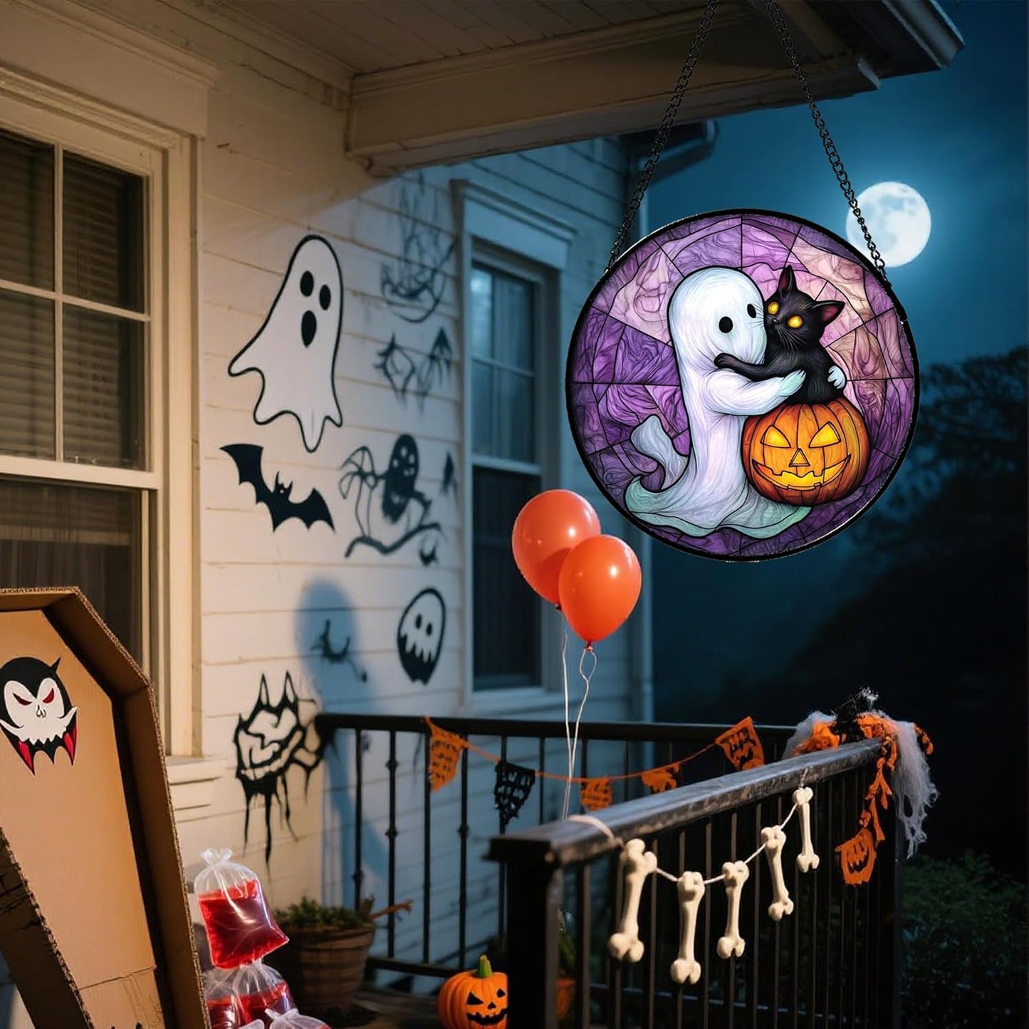 Stained Glass Window Hanging - Halloween Decorations Ghost Black Cat Pumpkin Suncatcher for Door Garden Spooky Purple Sun Catchers Gothic Decor Horror Gifts for Women Men Friend Boy 6.3 in