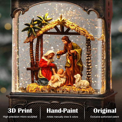 Nativity Snow Globe Lantern Christmas Decorations Gifts Auto Snowfall Glitter Music Collection Manger Sheep Pen Nativity Scene with 6H Timer USB/Battery Powered 10.2 inch