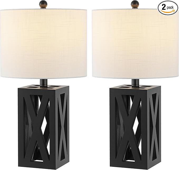 JONATHAN Y 21.5" Black Farmhouse Wood Table Lamp for Bedside and Living Room, White Linen Drum Shade, Rustic Modern Desk Lamp for Bedroom, LED Bulb Included (JYL1062C-SET2)