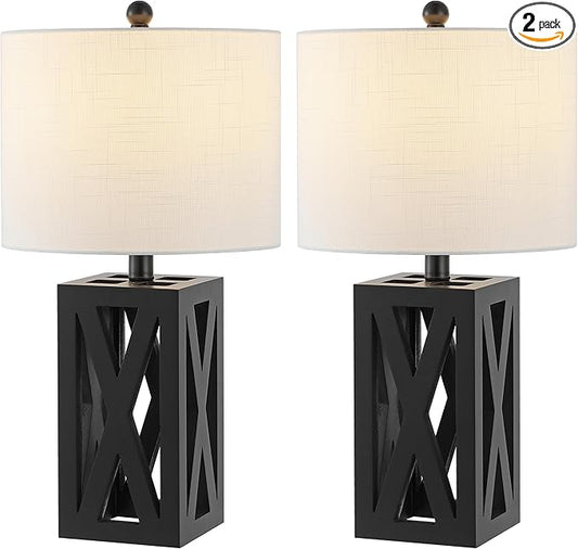 JONATHAN Y 21.5" Black Farmhouse Wood Table Lamp for Bedside and Living Room, White Linen Drum Shade, Rustic Modern Desk Lamp for Bedroom, LED Bulb Included (JYL1062C-SET2)