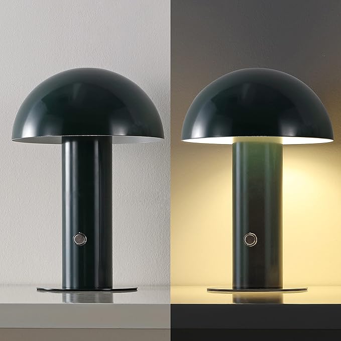 JONATHAN Y 10.75" Forest Green Rechargeable LED Mushroom Table Lamp, Cordless Portable Bedside Lamp for Living Room Bedroom, 3-Way Dimmable Modern Iron Desk Light, Metal Shade (JYL7115D)