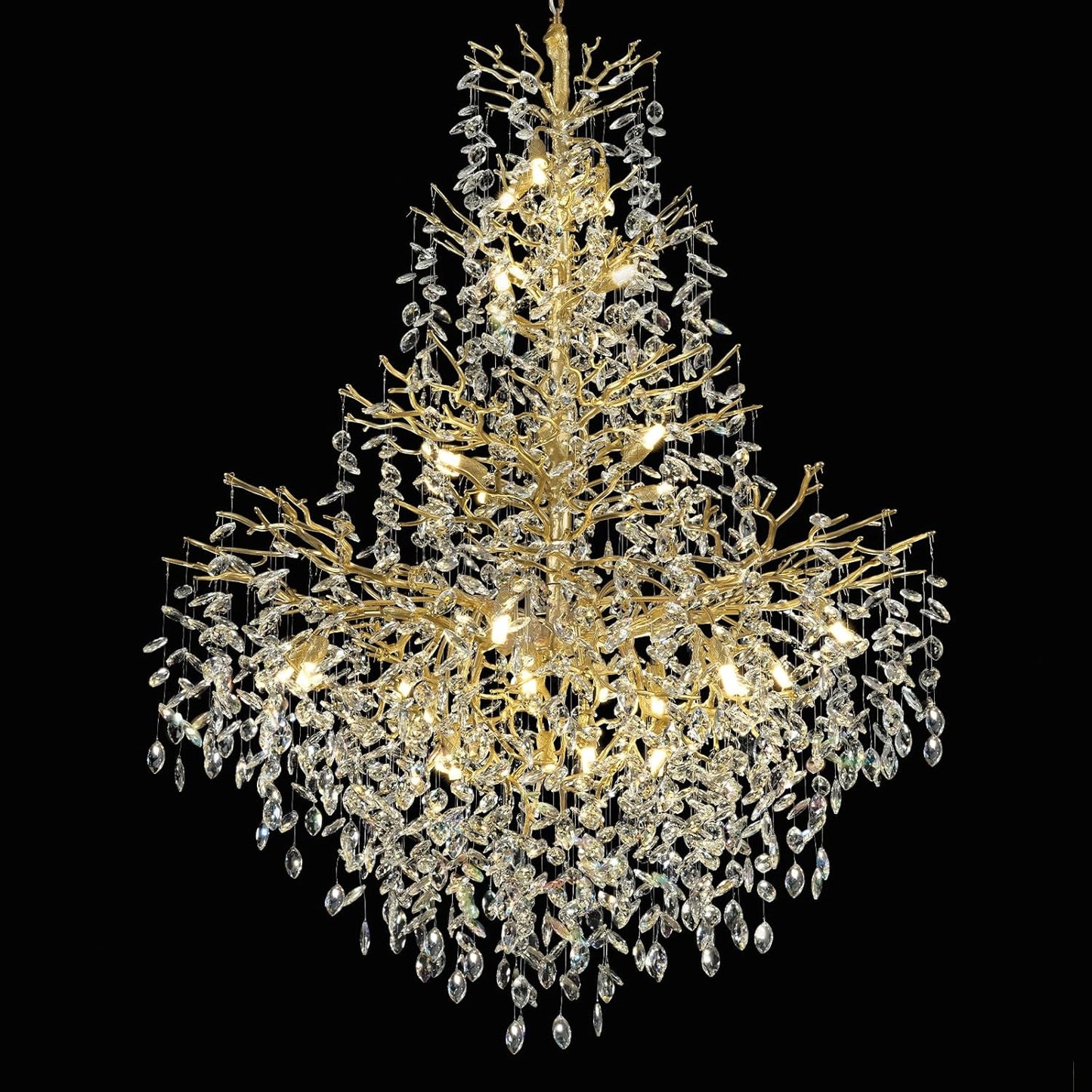 H65'' Gold Tree Branch Crystal High Ceilings Chandeliers, 27-Lights Modern K9 Crystal Staircase Chandeliers, D48'' Foyer Chandelier for High Ceiling, Luxury Large Living Room Chandelier