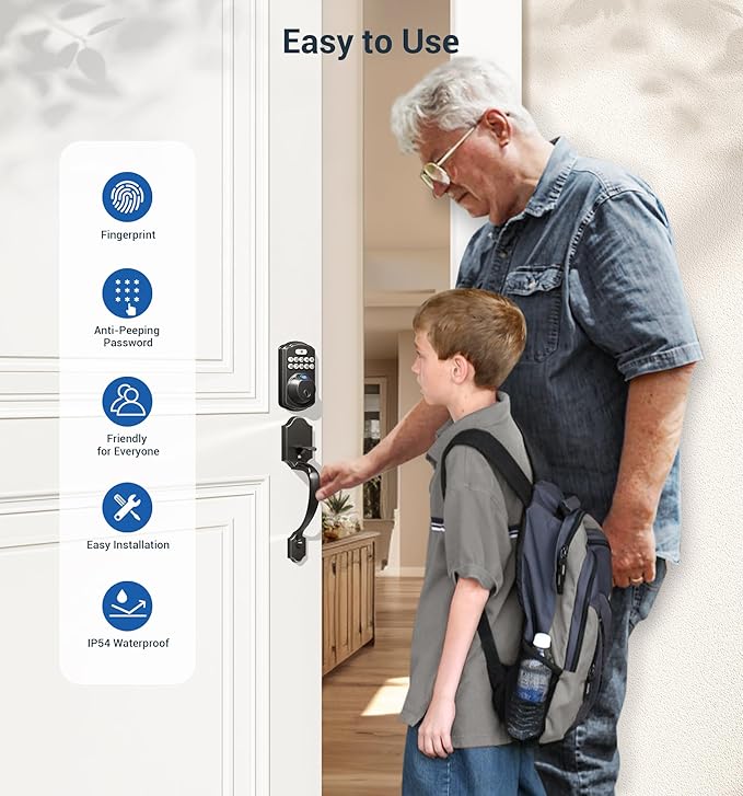 Veise Fingerprint Door Lock Set, Keyless Entry Door Lock, Front Handle Set, Electronic Keypad Deadbolt with Lever Handle, 2 Keys, Auto-Locking, One-time Codes, Easy to Install, Matte Black